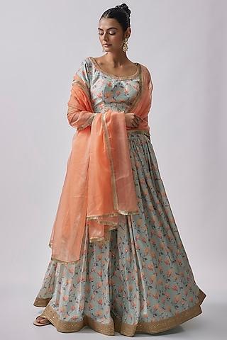 light blue dola silk & polyester embroidered lehenga set