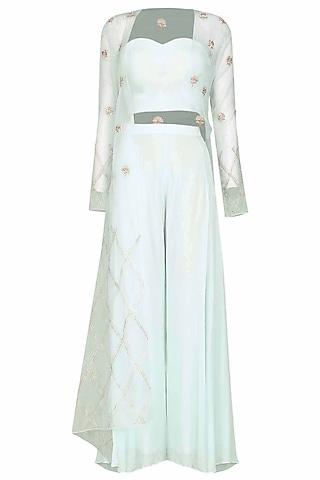 light blue embroidered cape with bustier and palazzo pants