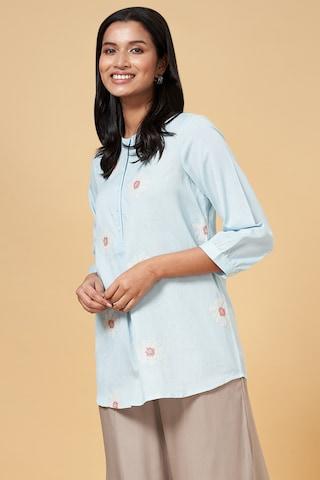 light blue embroidered casual 3/4th sleeves mandarin women regular fit tunic