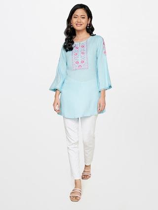 light blue embroidered casual 3/4th sleeves round neck women regular fit tunic