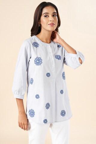 light blue embroidered casual 3/4th sleeves v neck women regular fit  tunic