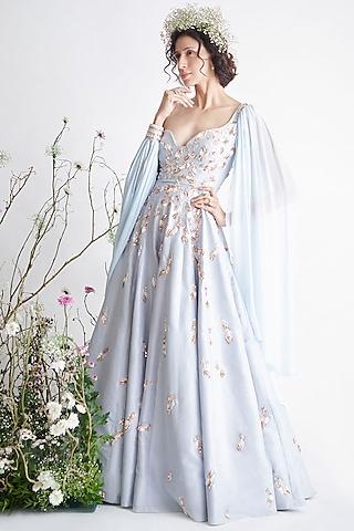 light blue embroidered draped gown