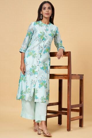 light blue embroidered ethnic 3/4th sleeves round neck women regular fit  pant kurta set