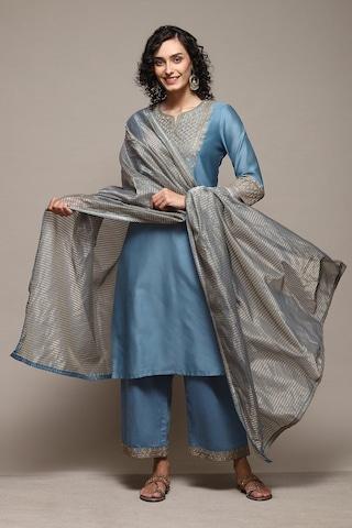light blue embroidered ethnic 3/4th sleeves round neck women straight fit palazzo kurta dupatta set