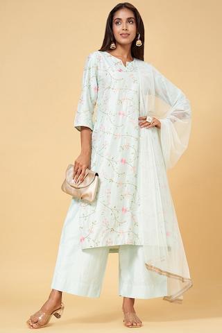 light blue embroidered ethnic round neck 3/4th sleeves calf-length women regular fit pant kurta dupatta set