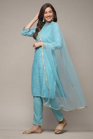 light blue embroidered ethnic v neck 3/4th sleeves ankle-length women straight fit pant kurta dupatta set