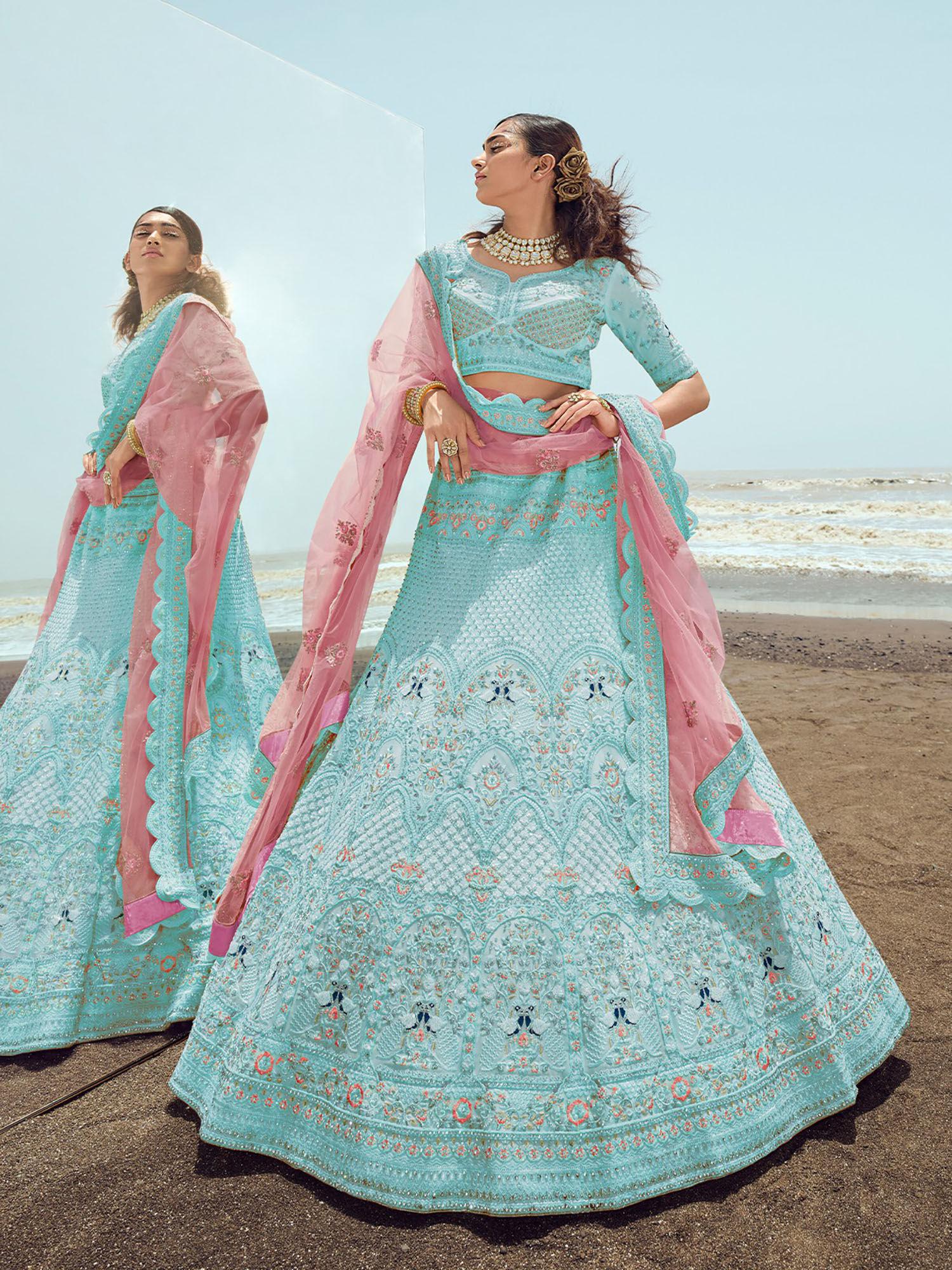 light blue embroidered georgette semi stitched lehenga with unstitched blouse (set of 3)