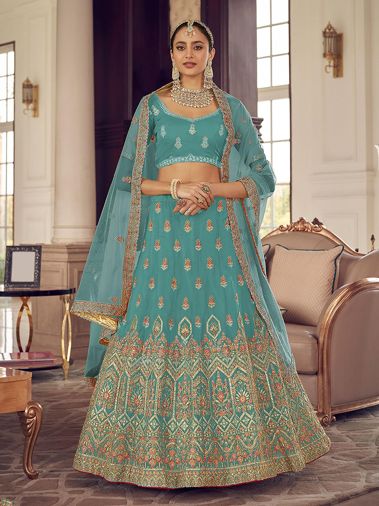 light blue embroidered georgette semi stitched lehenga with unstitched blouse (set of 3)