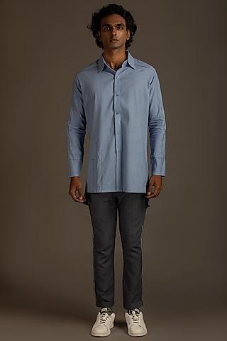 light blue embroidered long line shirt