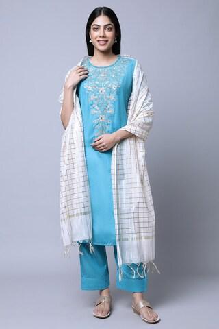 light blue embroidered party round neck 3/4th sleeves ankle-length women regular fit kurta dupatta palazzo set