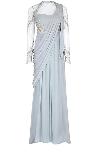 light blue embroidered saree gown