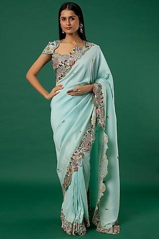 light blue embroidered saree set