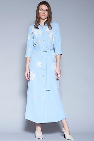 light blue embroidered shirt dress