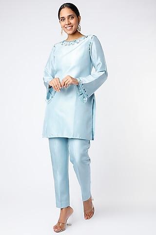 light blue embroidered short kurta set