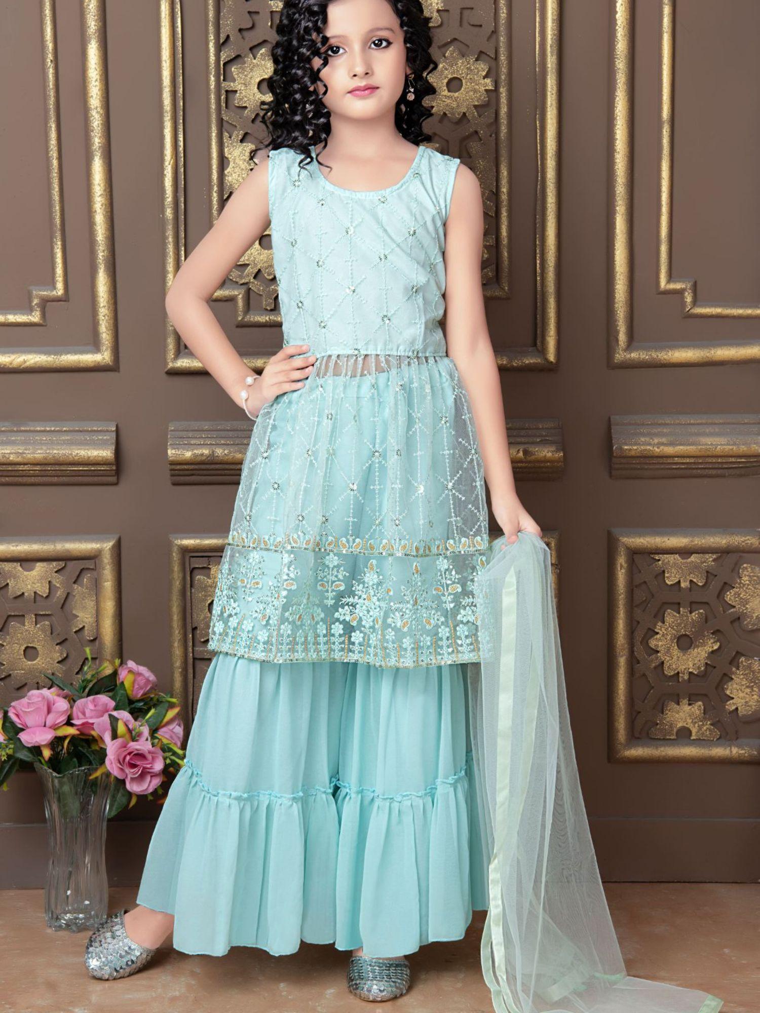 light blue finest soft net sharara kurta & dupatta for girls (set of 3)