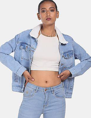 light blue fleece spread collar washed denim jacket