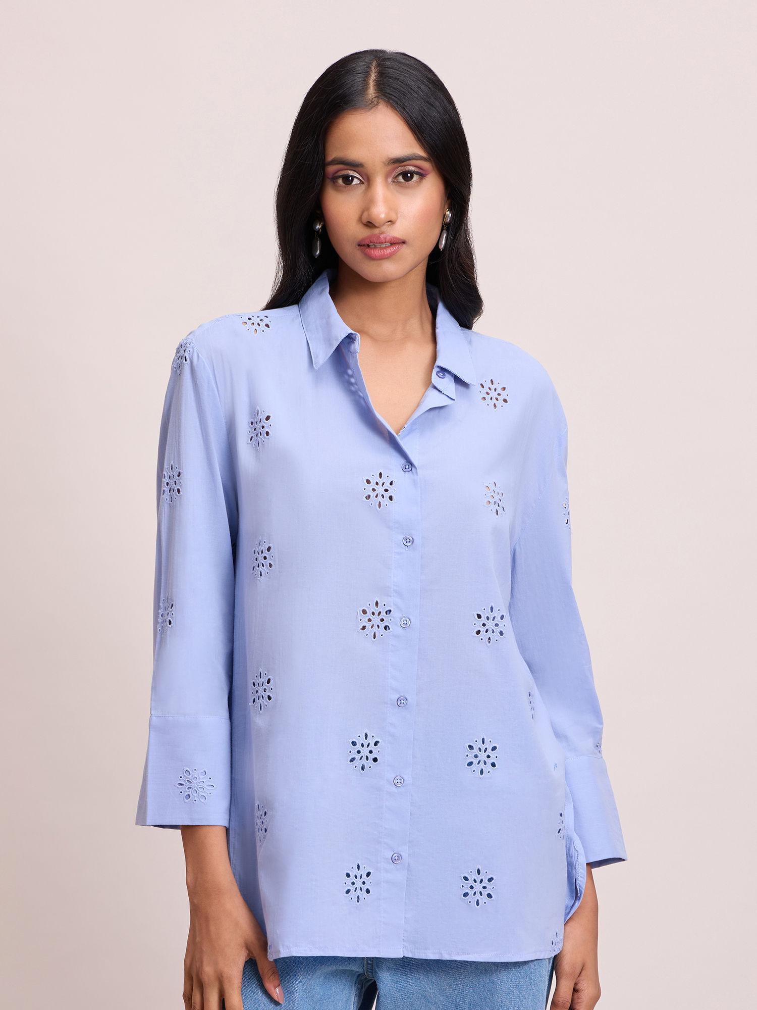 light blue floral broad cuffs button down schiffli shirt