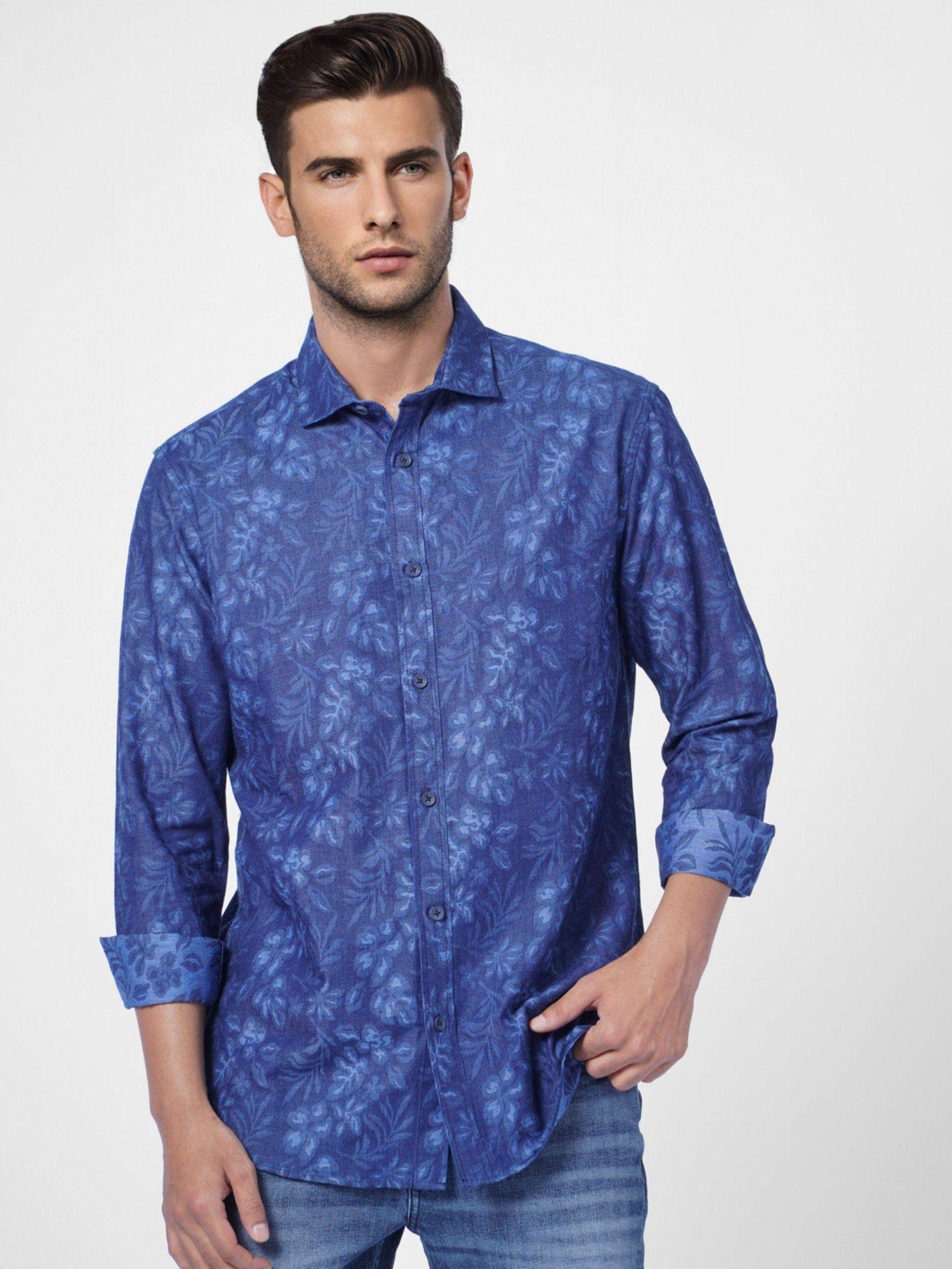 light blue floral denim full sleeves shirt