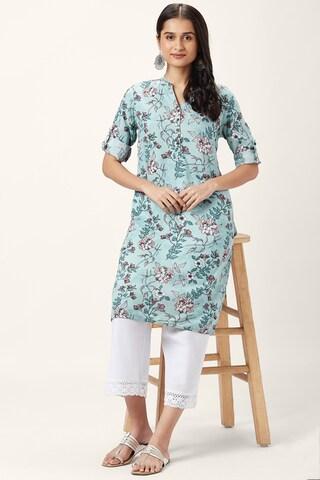 light blue floral print casual mandarin 3/4th sleeves knee length women regular fit kurta