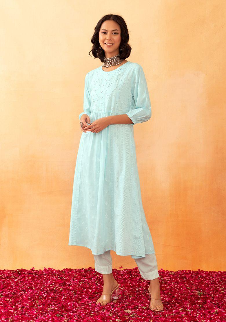 light blue foil print rayon anarkali kurta