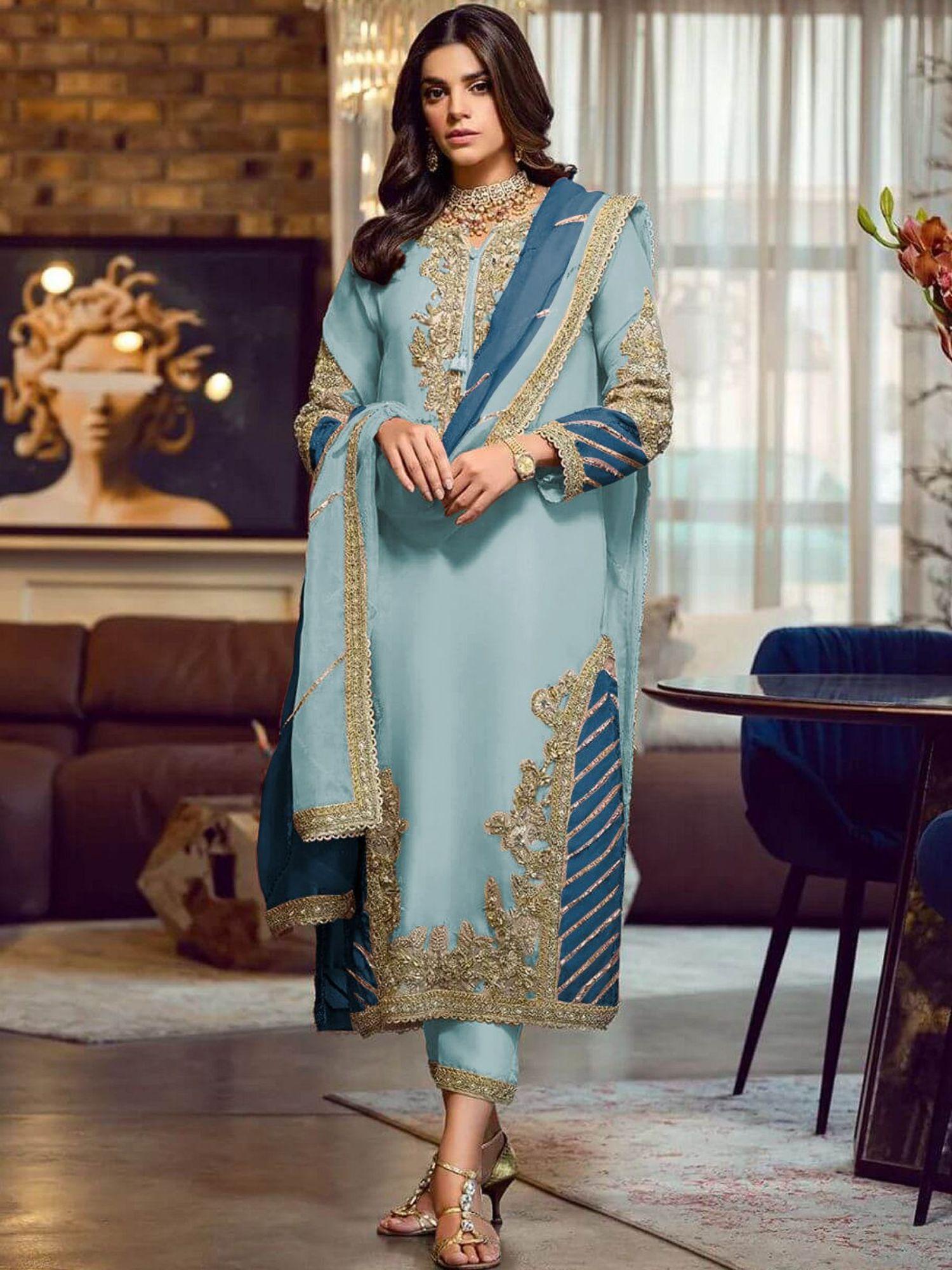 light blue georgette embellished semi stitched kurta with bottom & dupatta (set of 3)