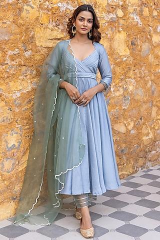 light blue georgette pearl embroidered anarkali set