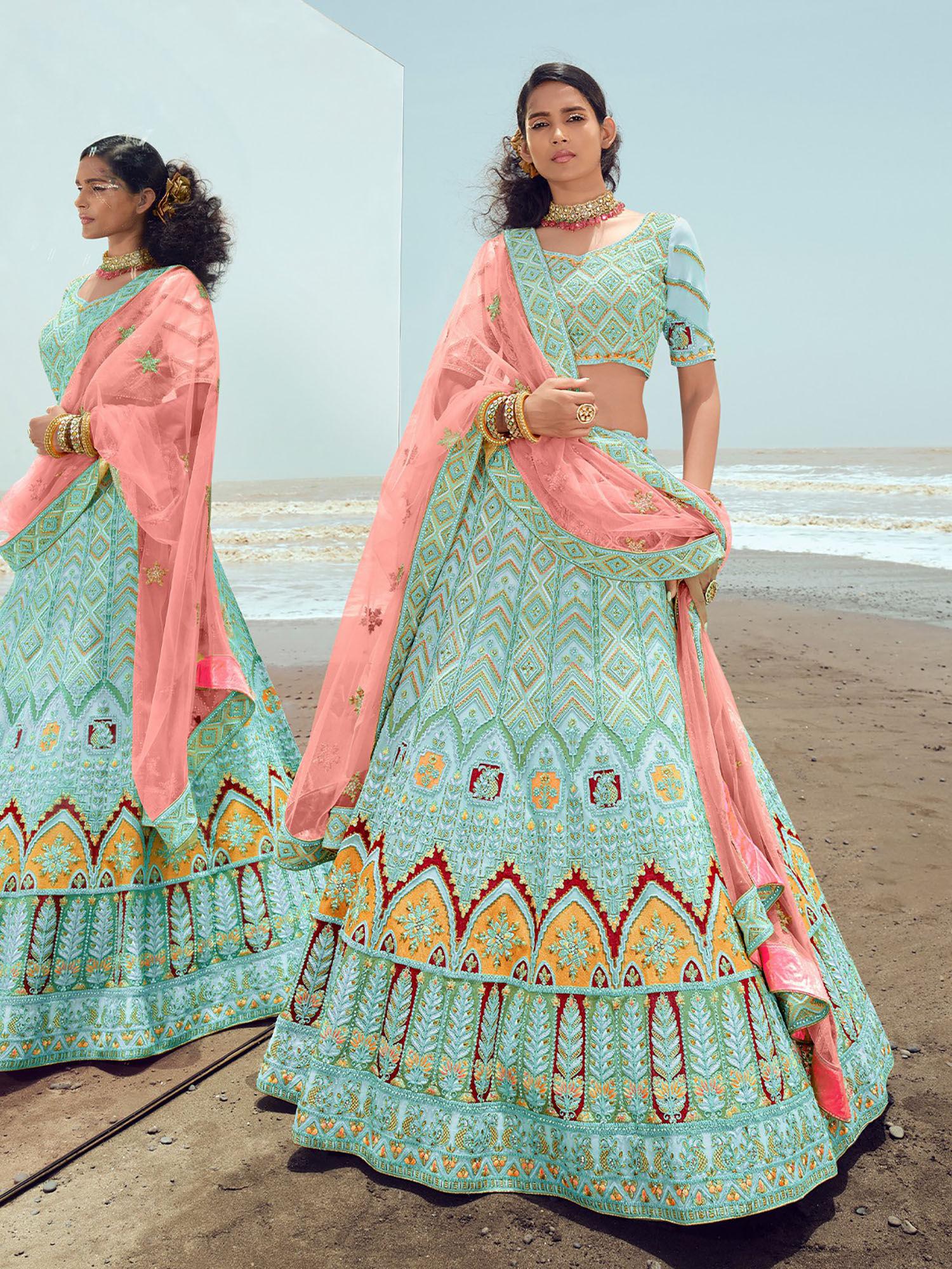 light blue georgette semi stitched lehenga with unstitched blouse (set of 3)