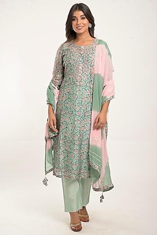 light blue green printed kurta set