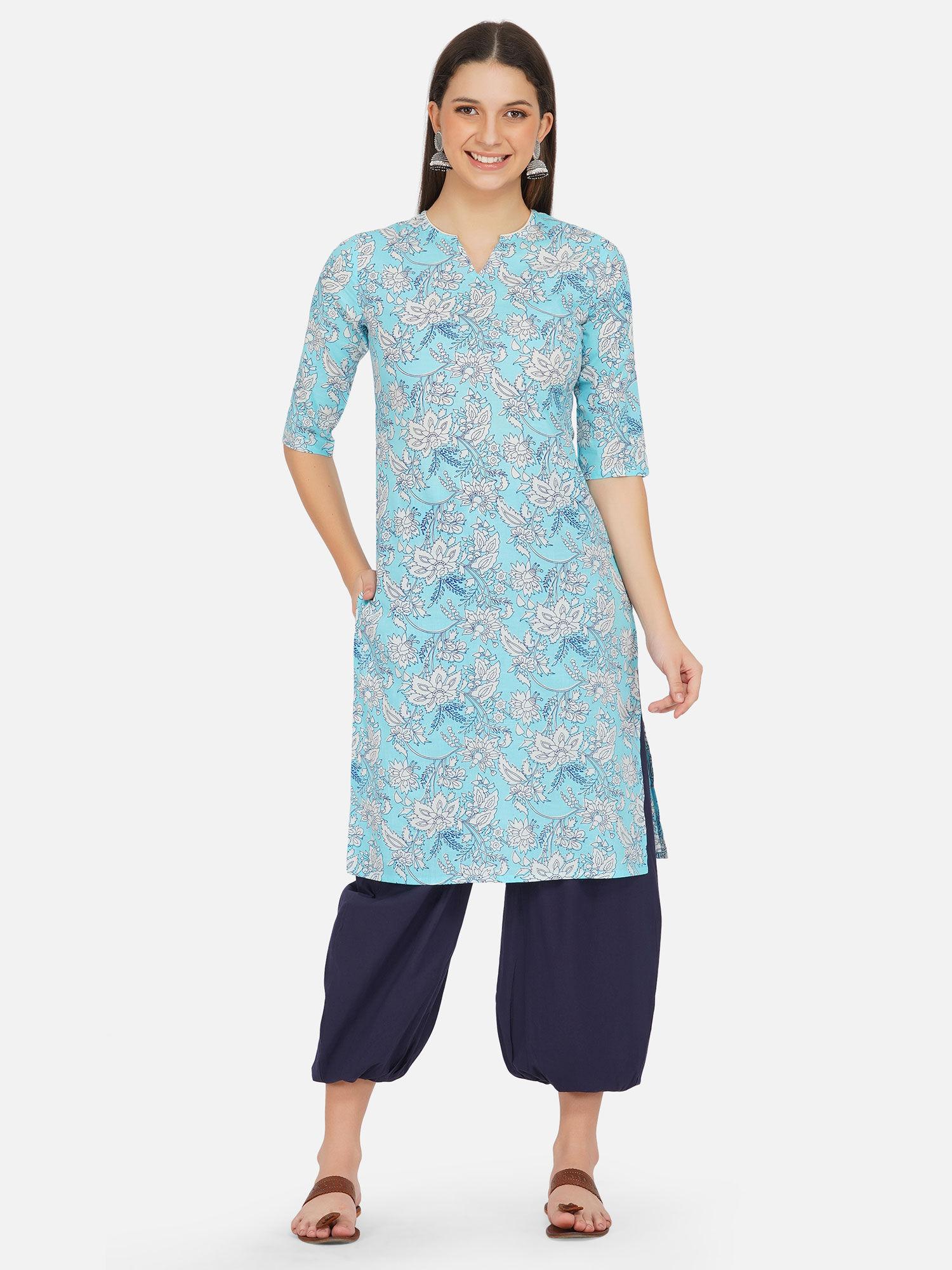 light blue hand blocked straight kurta with navy blue harem pants (set of 2)