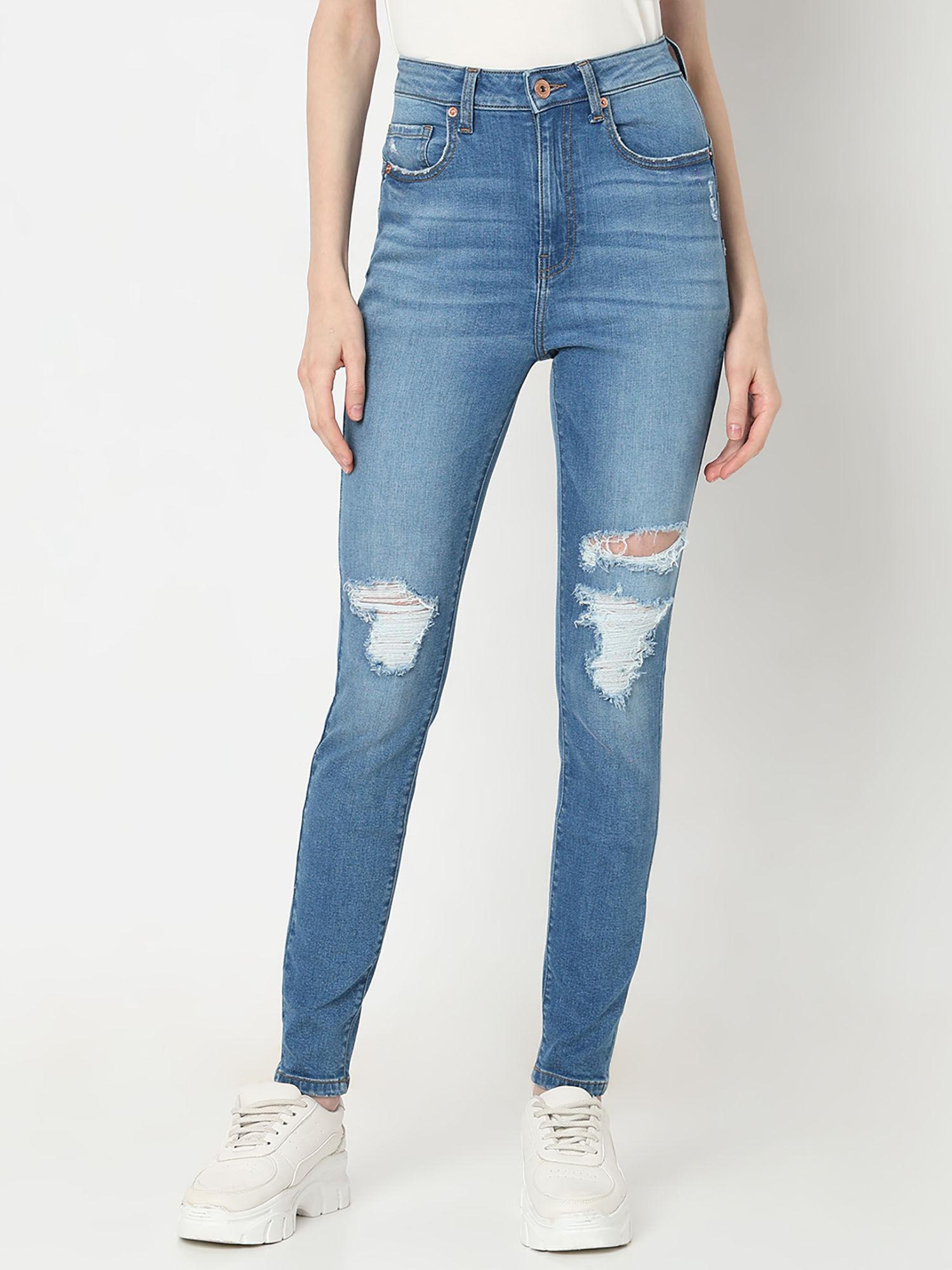 light blue high rise distressed skinny jeans