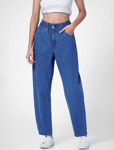 light blue high rise paperbag waist carrot jeans