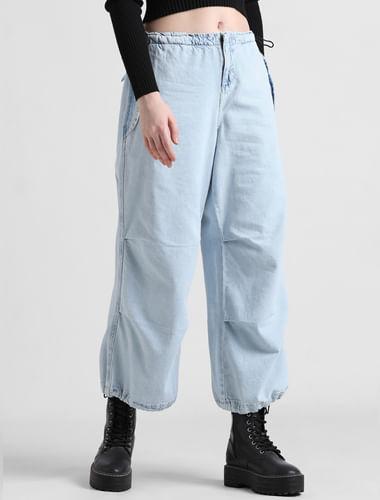 light blue high rise parachute denim joggers