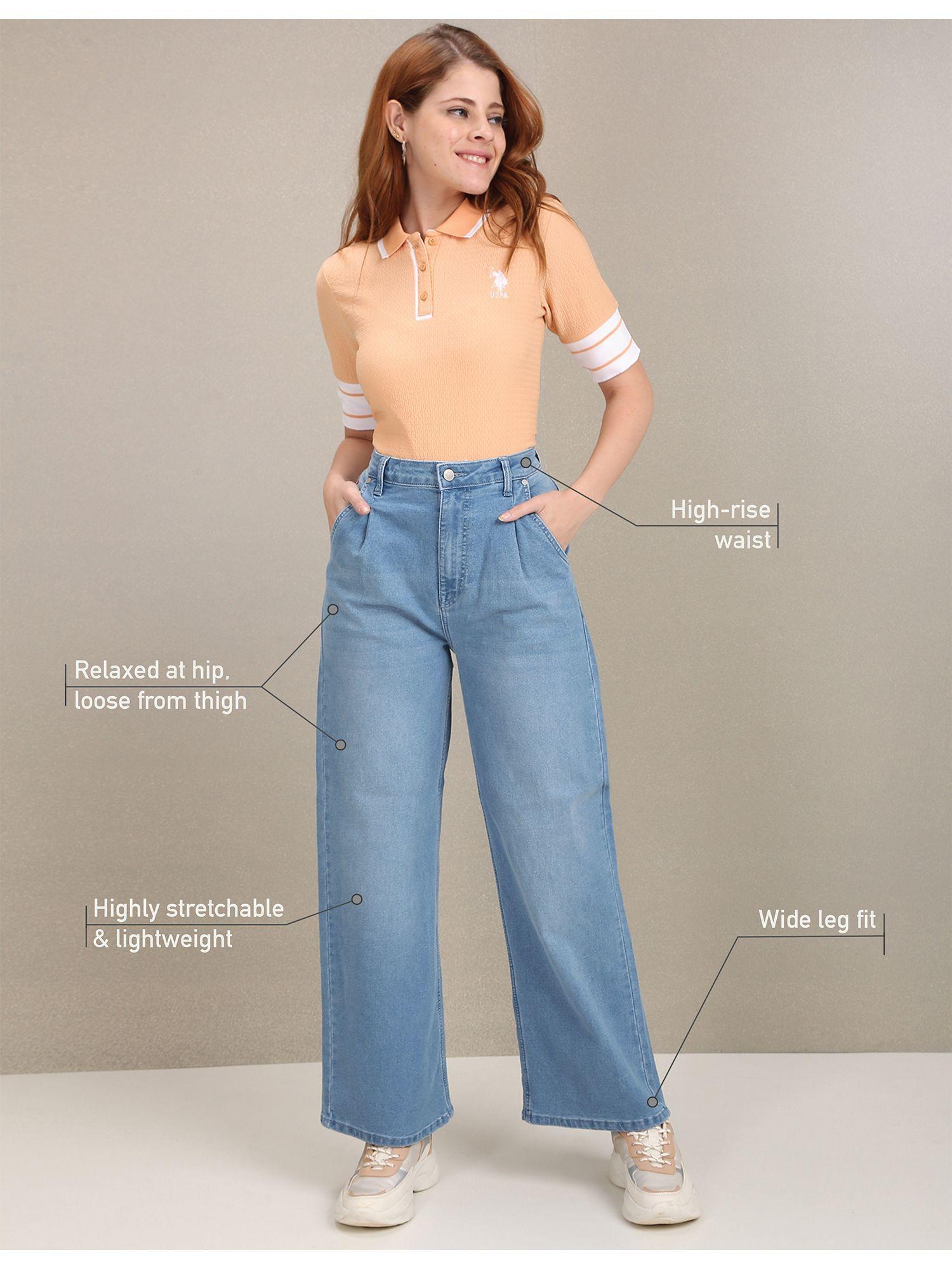 light blue high rise pleated wide leg jeans