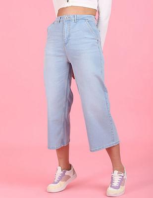 light blue high rise wide leg cropped jeans