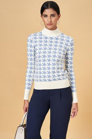 light blue jacquard formal full sleeves high neck women slim fit  sweater