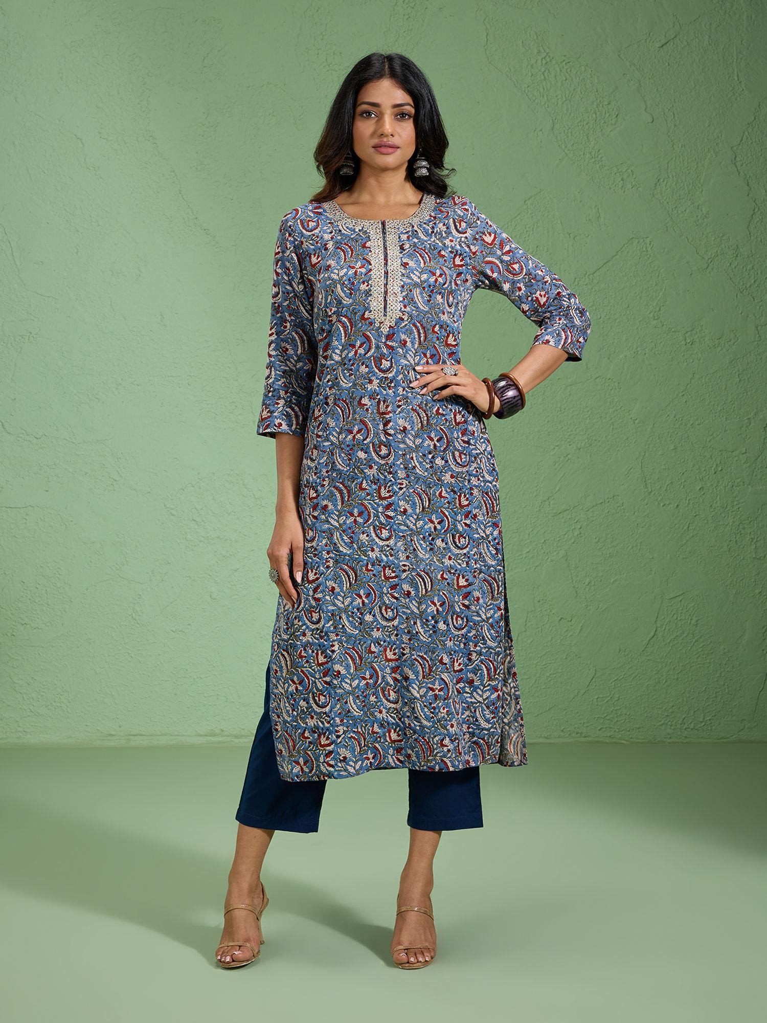 light blue karigar korner modal bagru printed and embroidered kurta likkkku13