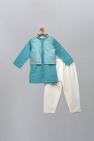 light blue kurta set with attached jacket for boys