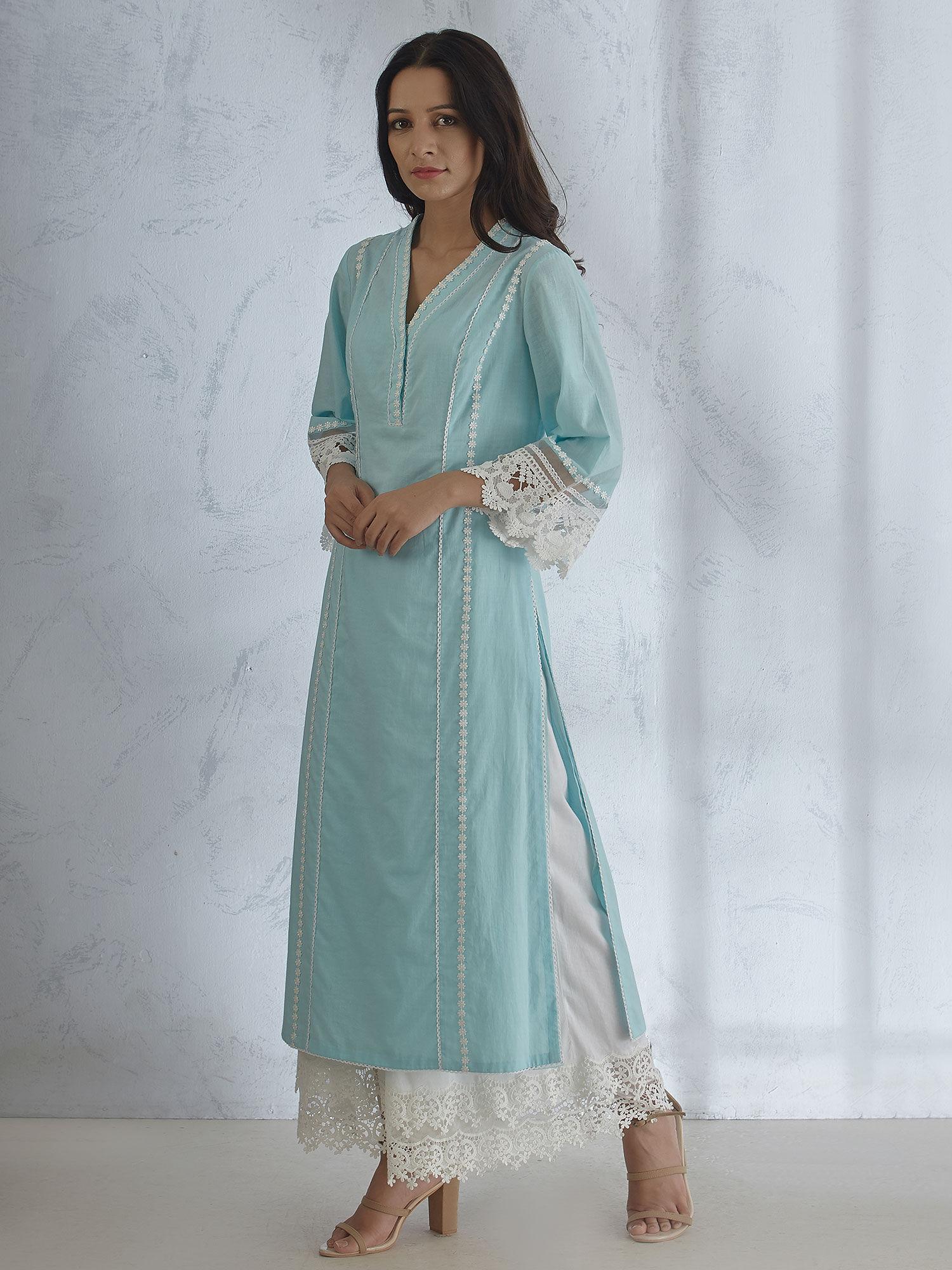 light blue lace detailing kurta & palazzo with double layered lace (set of 2)