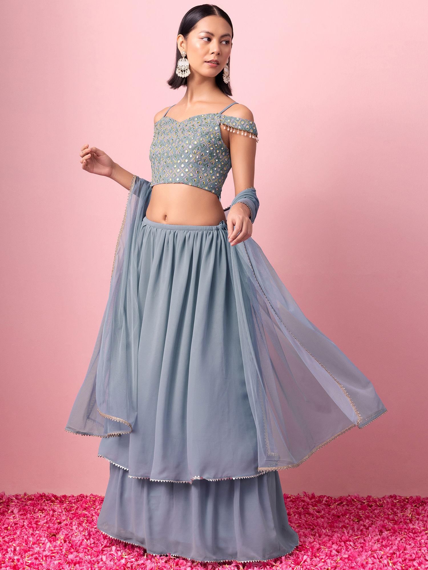 light blue layered lehenga with embroidered blouse and dupatta (set of 3)