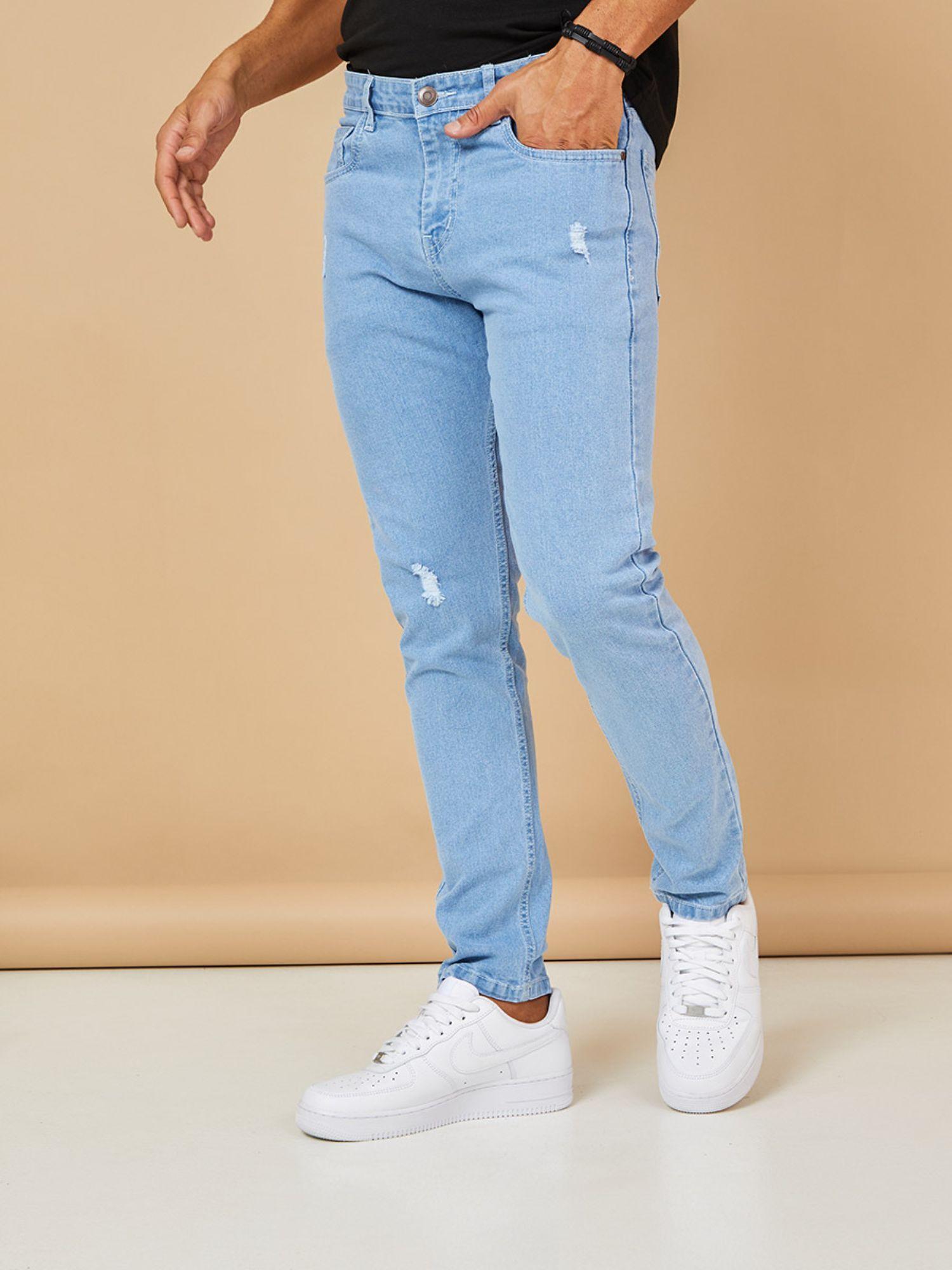 light blue light distress detail skinny fit jeans