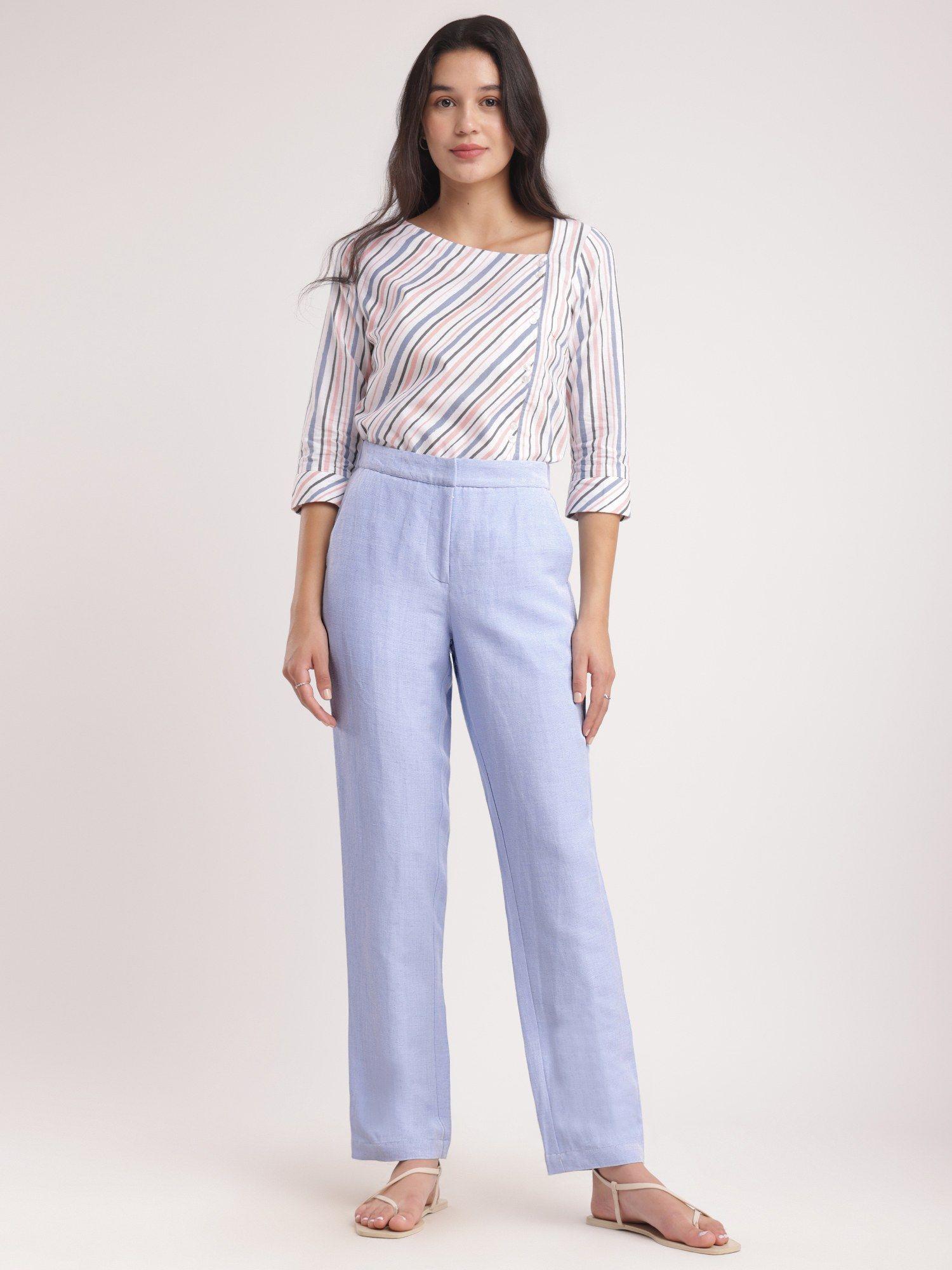 light blue linen straight fit pant