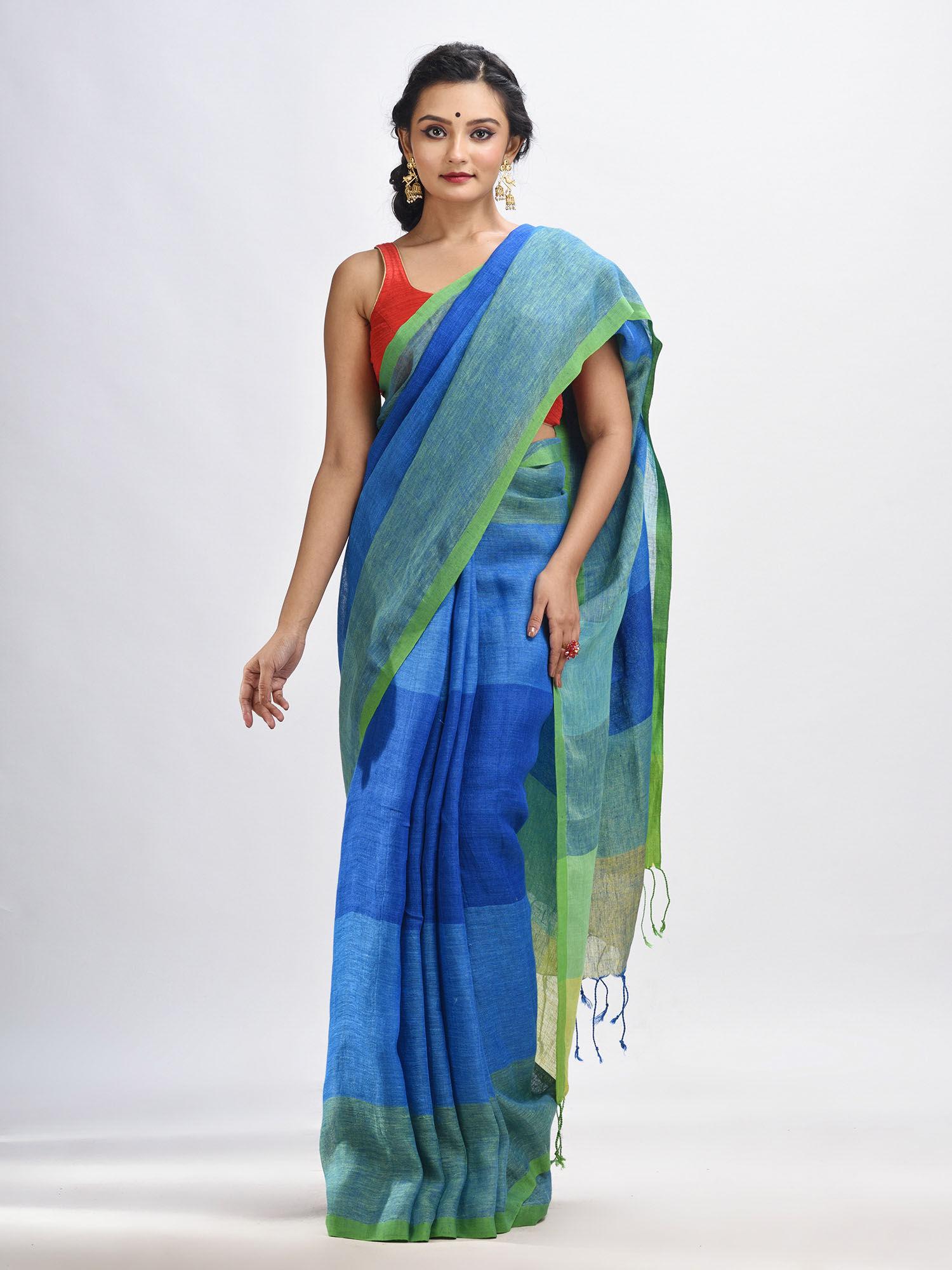 light blue linen with pallu stripes handloom saree with unstitched blouse