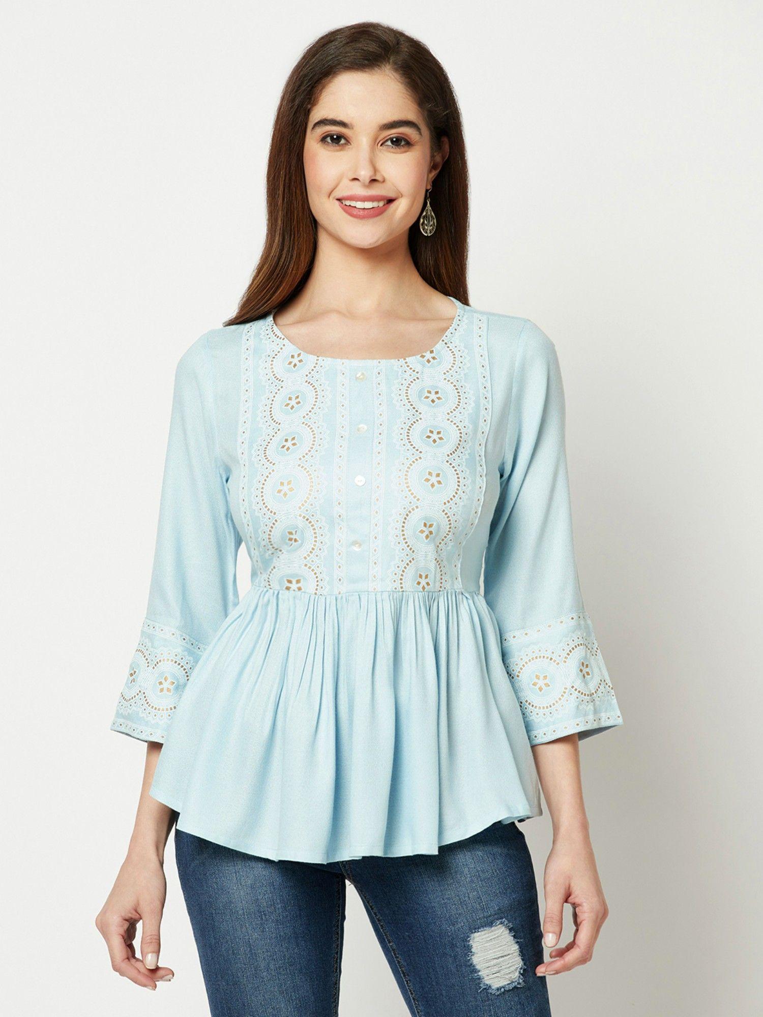 light blue lippan print gathered top