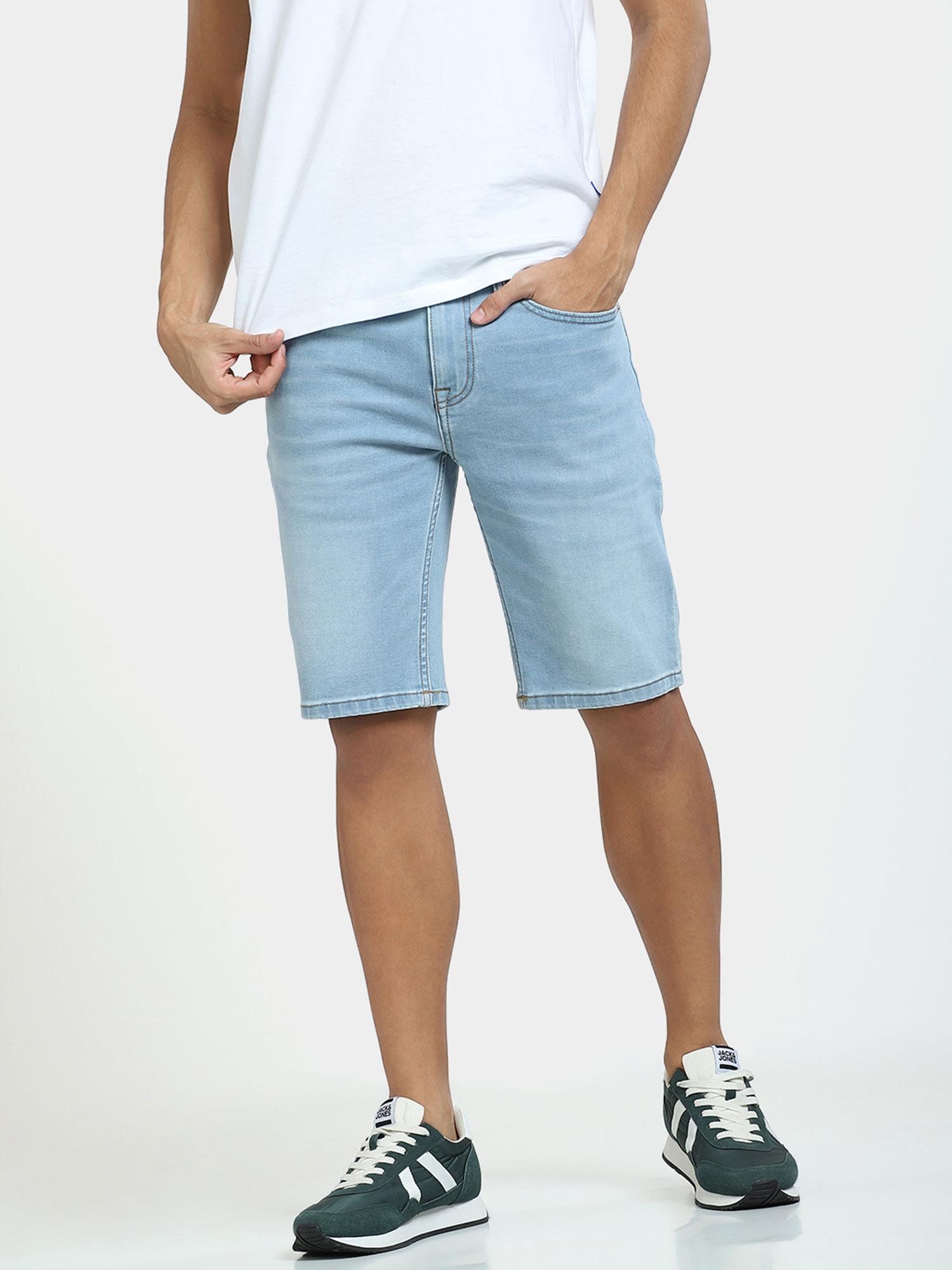 light blue low rise denim shorts