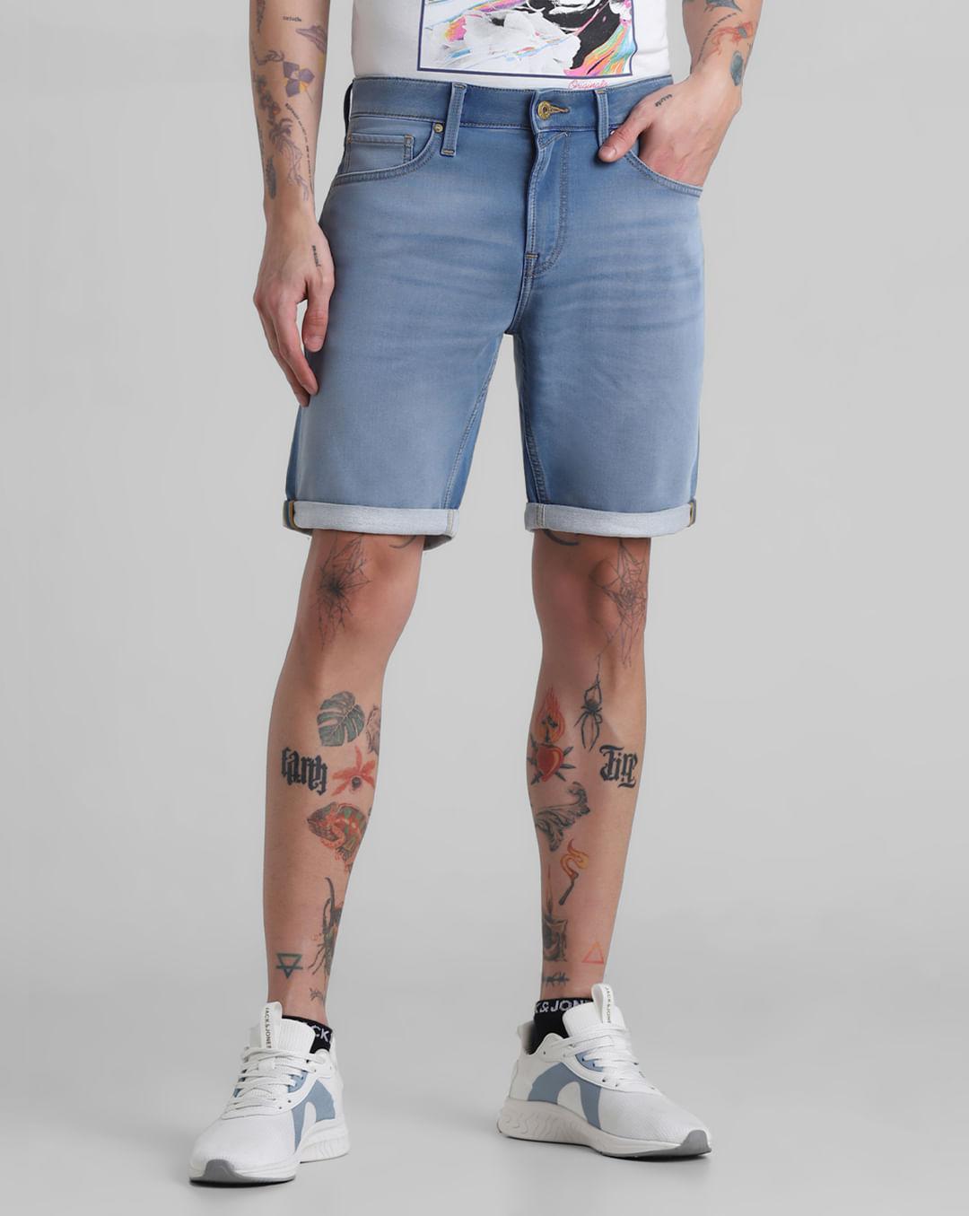 light blue low rise denim shorts