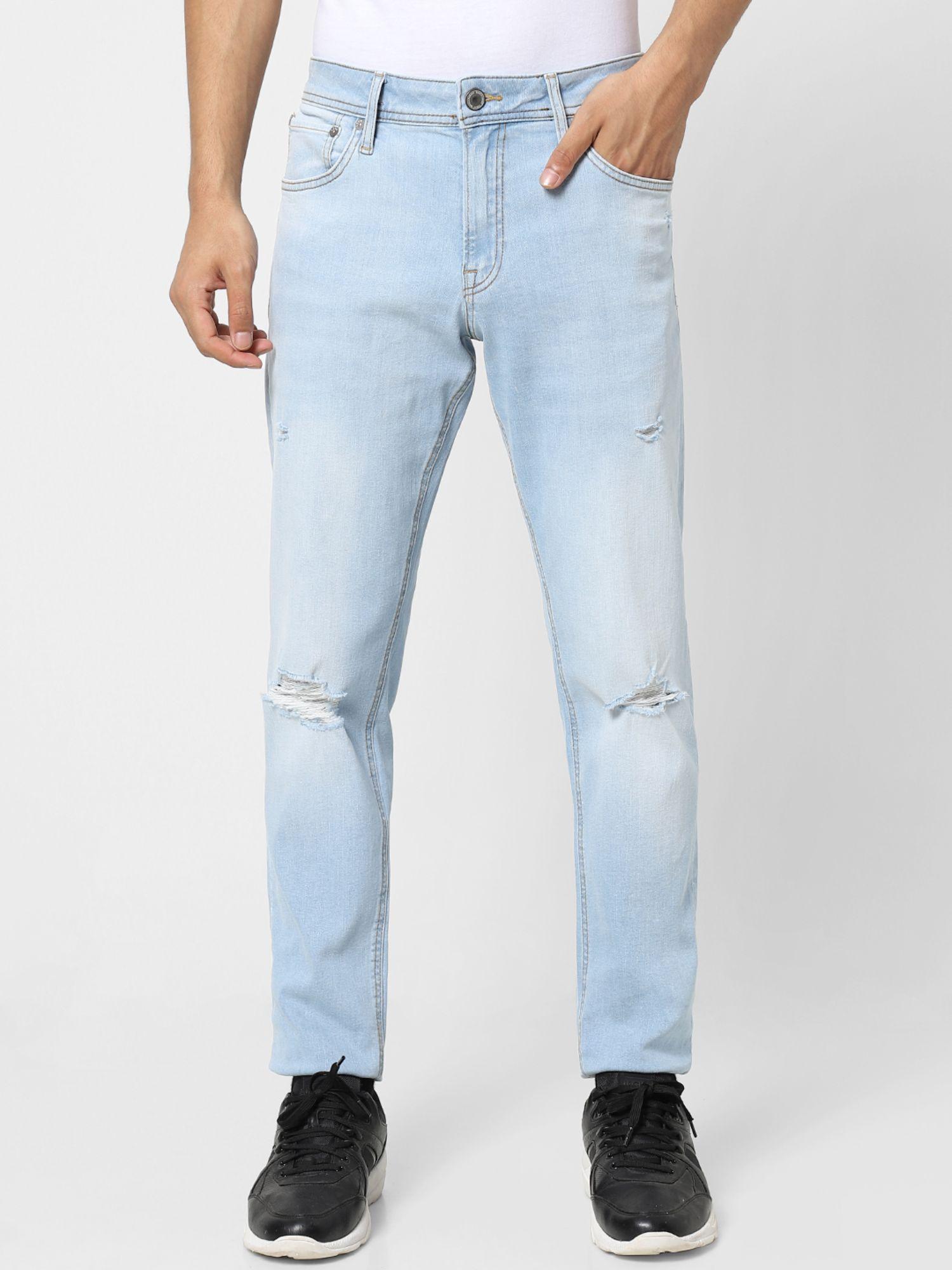 light blue low rise distressed glenn slim jeans