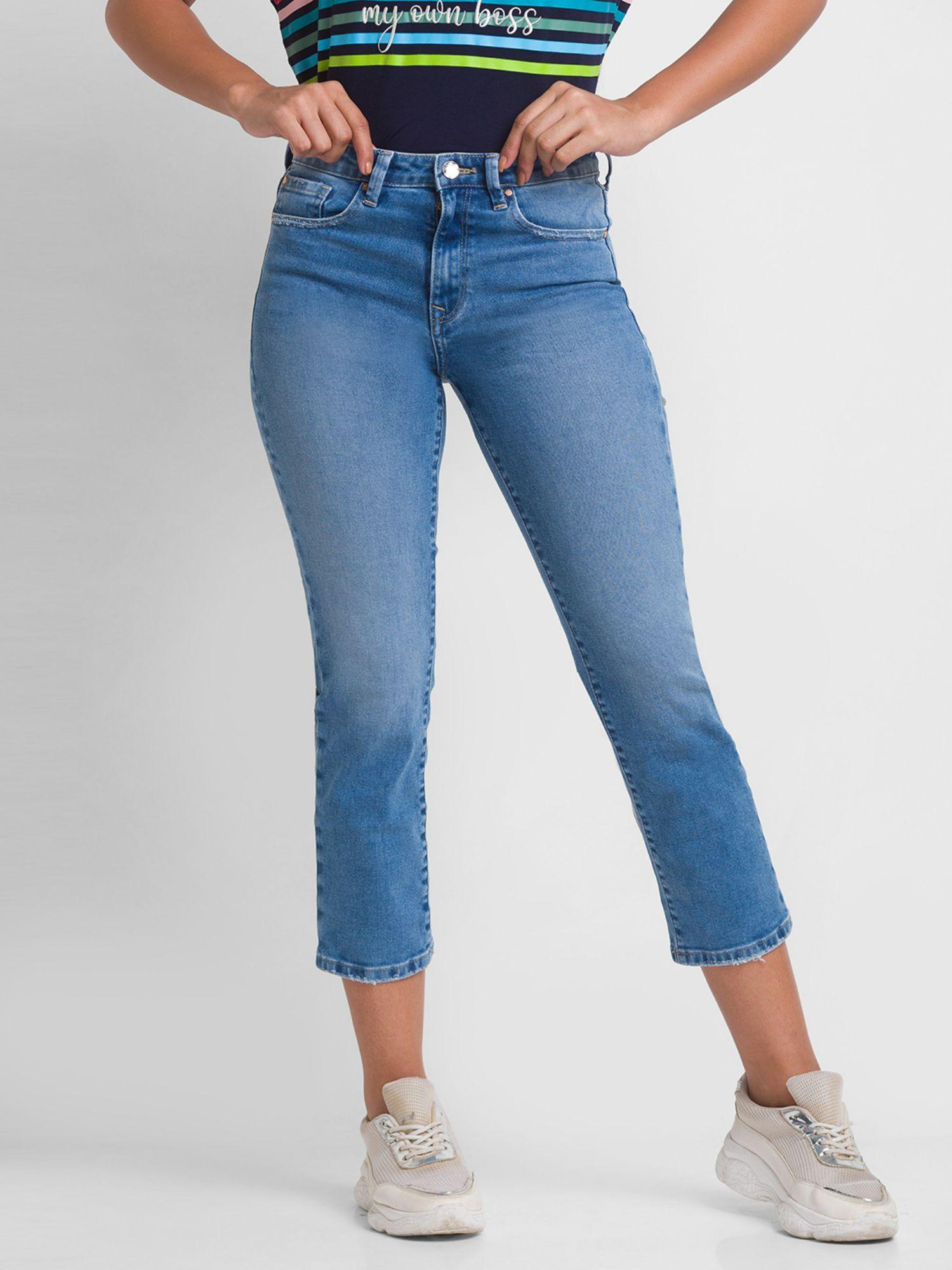 light blue lycra slim straight fit ankle length jeans for women (emma)