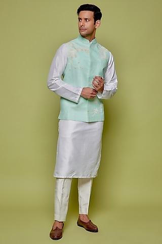 light blue matka silk embroidered bundi jacket