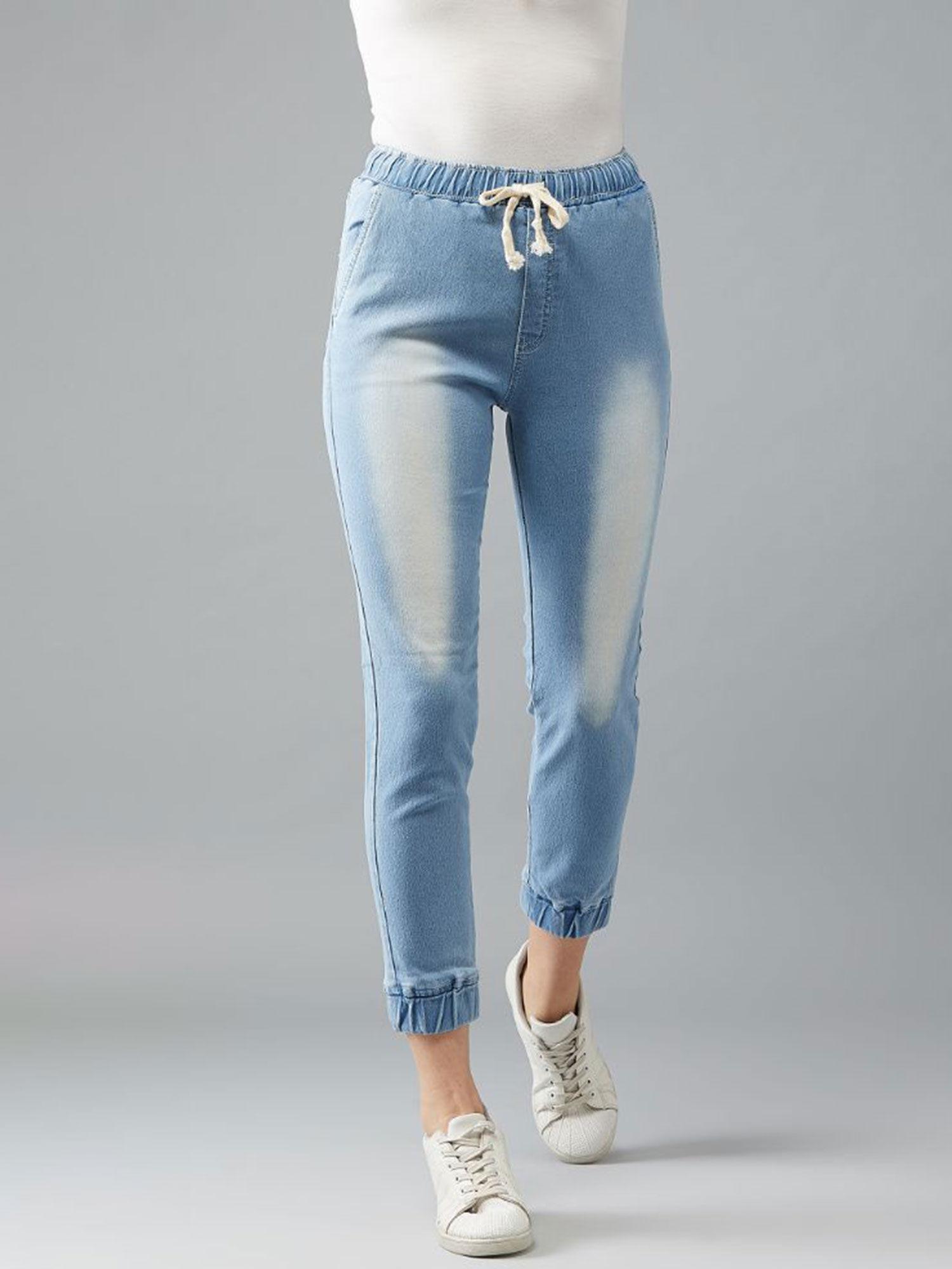 light blue mid rise denim jogger pants