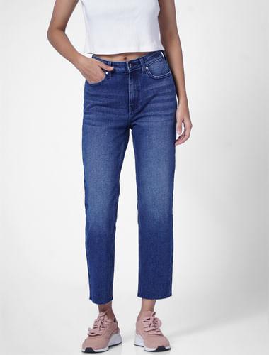 light blue mid rise raw-edge straight fit jeans